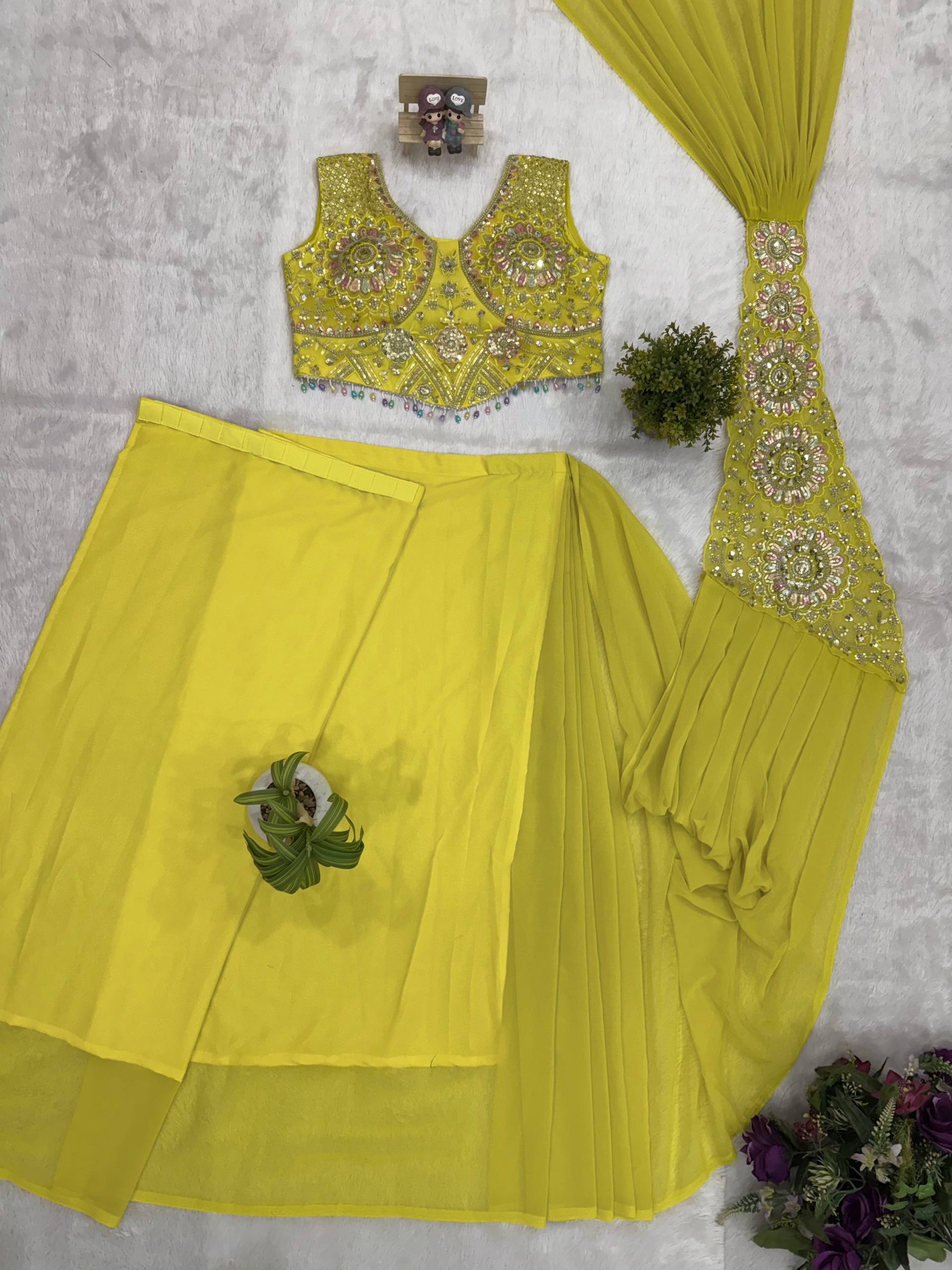 Trendy Lime Green Lehenga Saree with Heavy Embroidered Blouse