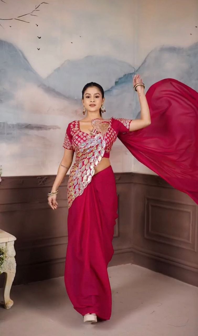 Designer Red Ready-To-Wear Saree with Mirror Embroidery Blouse