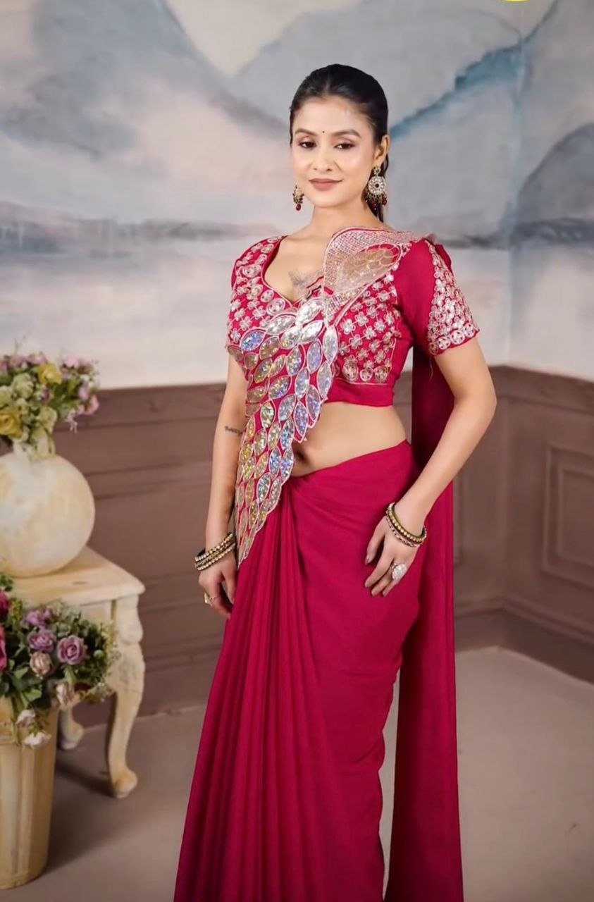 New Super Trending Embroidery Sequence work ready to wear saree with Embroidery Blouse