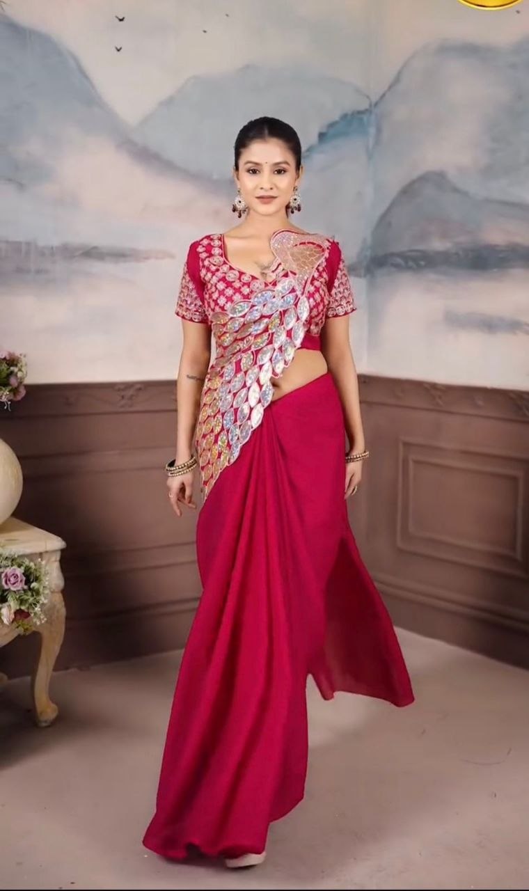New Super Trending Embroidery Sequence work ready to wear saree with Embroidery Blouse