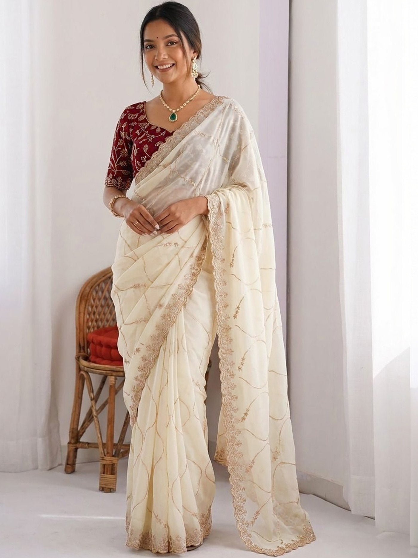 Graceful Cream Saree with Designer Blouse – Party Wear