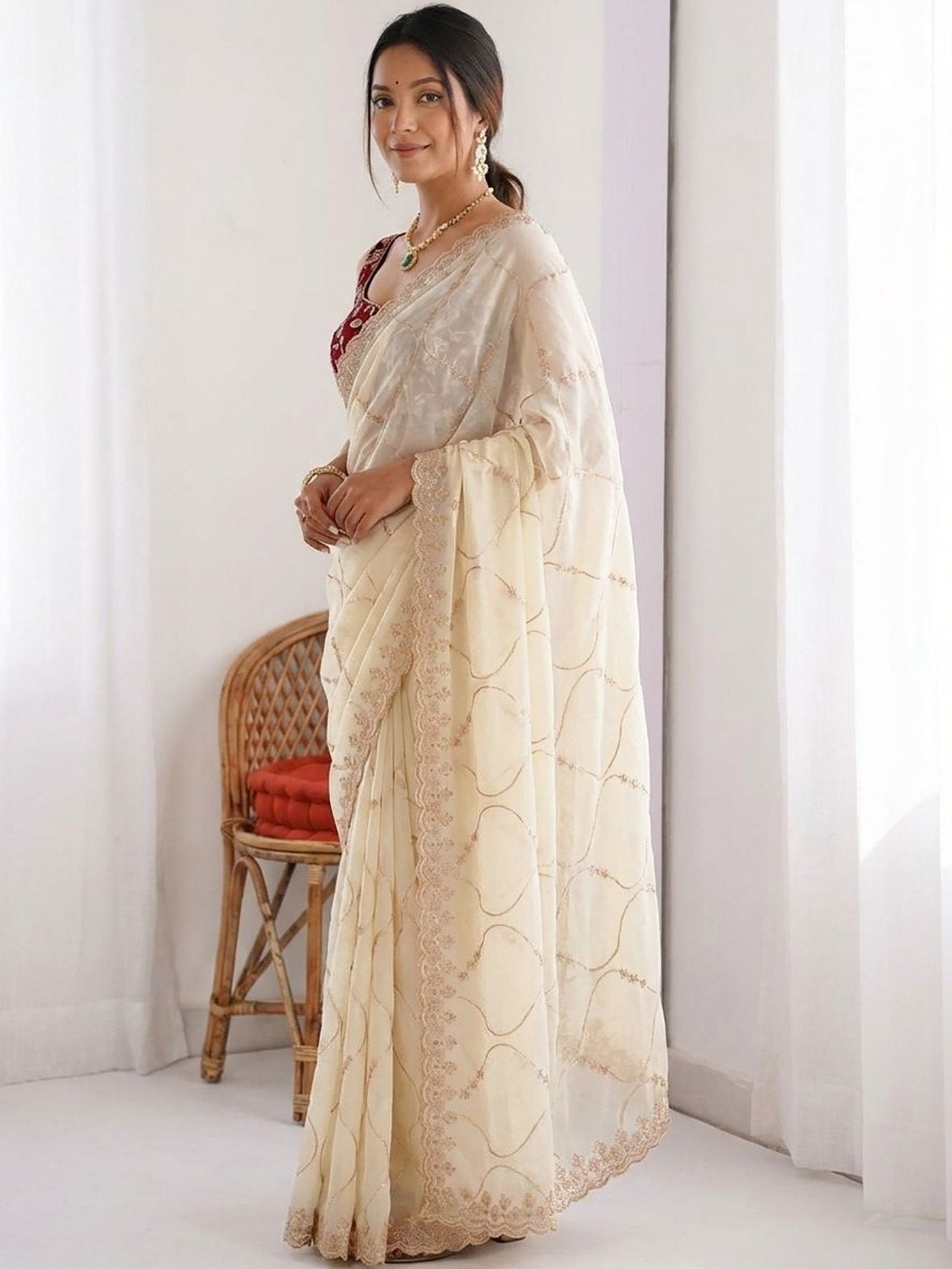 Graceful Cream Saree with Designer Blouse – Party Wear