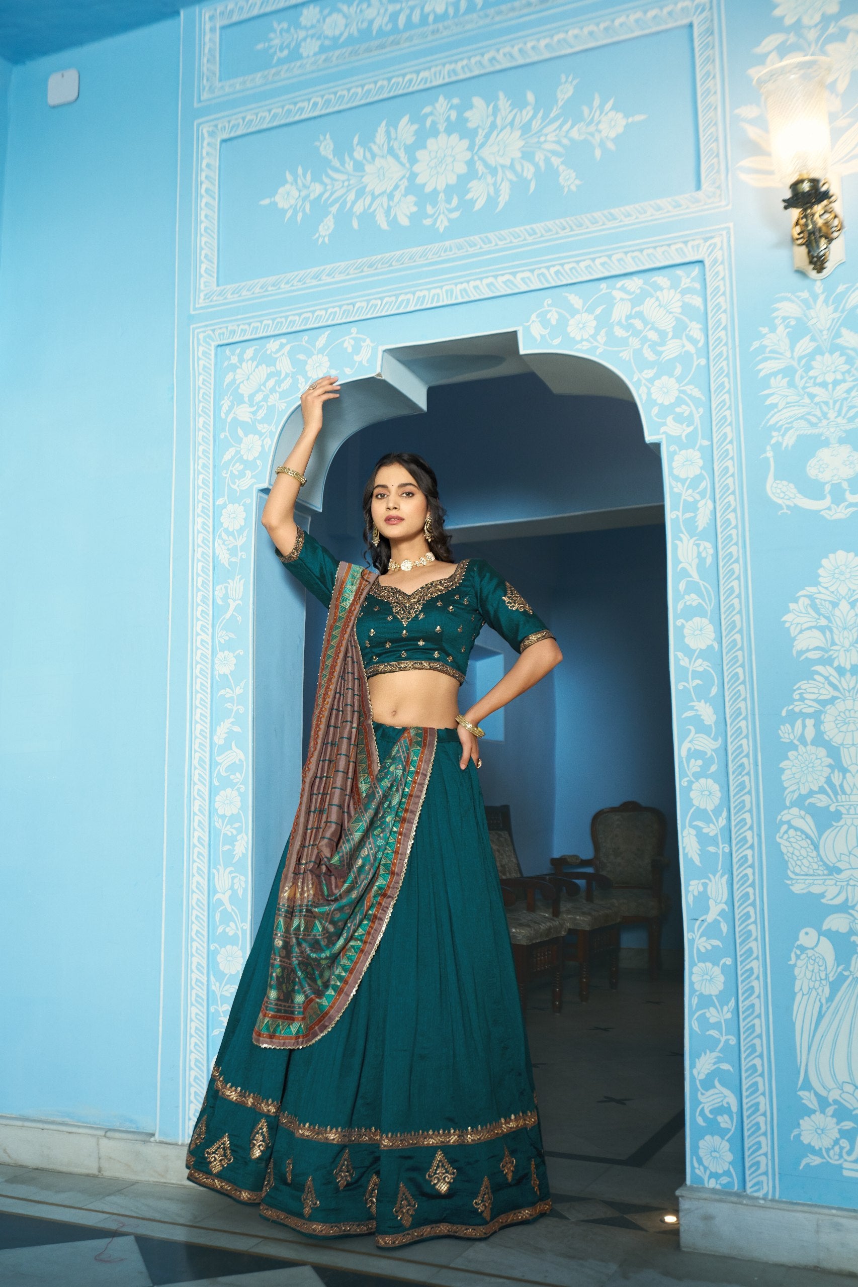Designer Silk Lehenga Saree with Contrast Blouse – Festive Collection