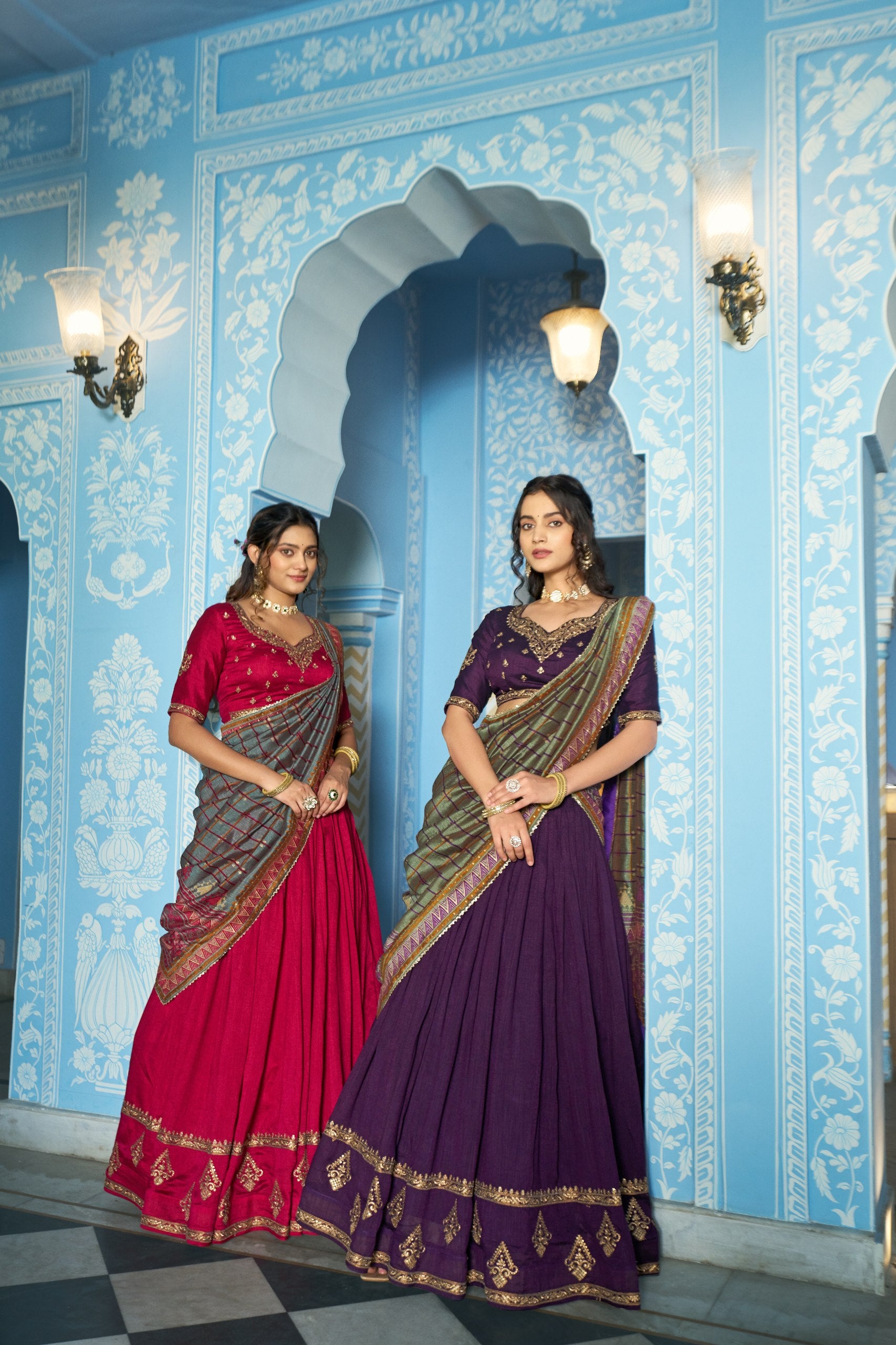 Designer Silk Lehenga Saree with Contrast Blouse – Festive Collection