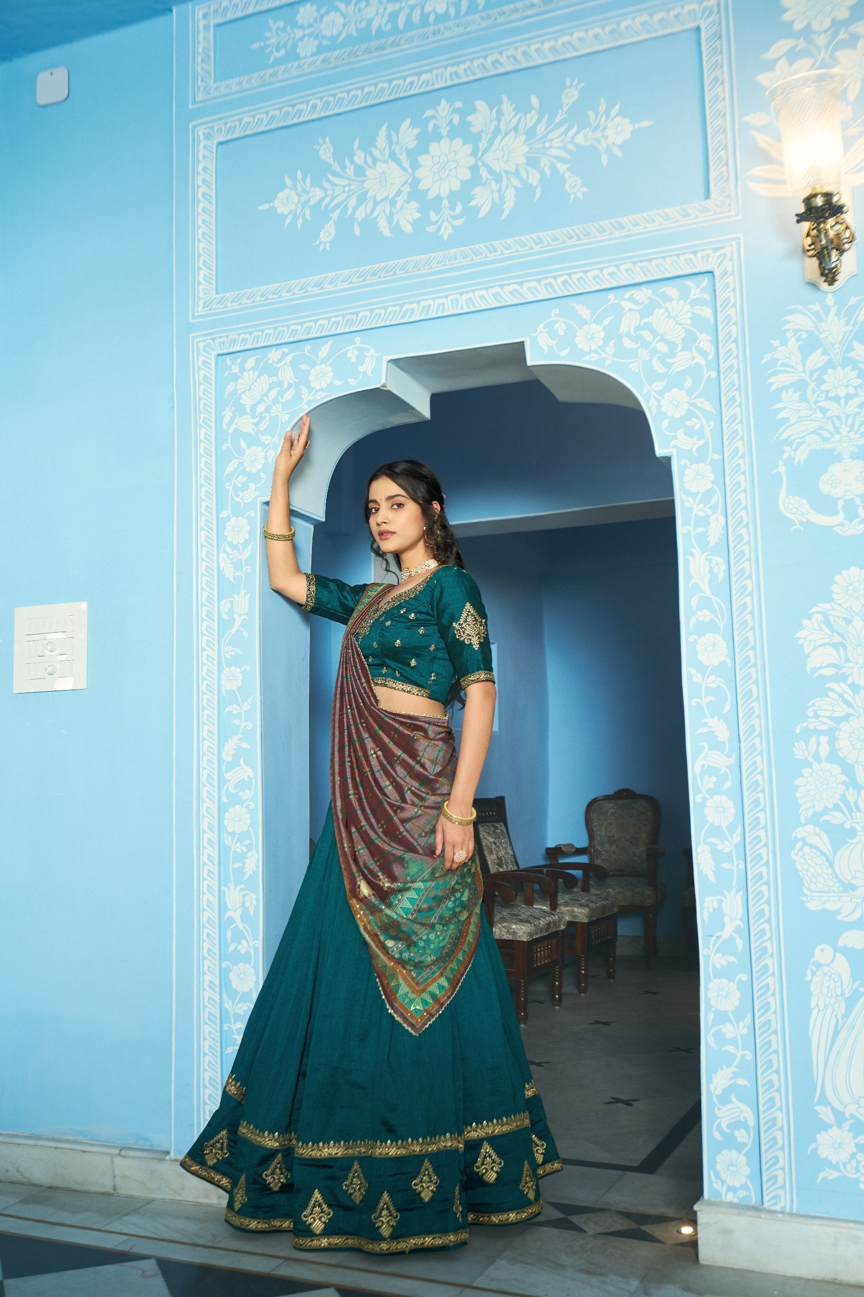 Designer Silk Lehenga Saree with Contrast Blouse – Festive Collection