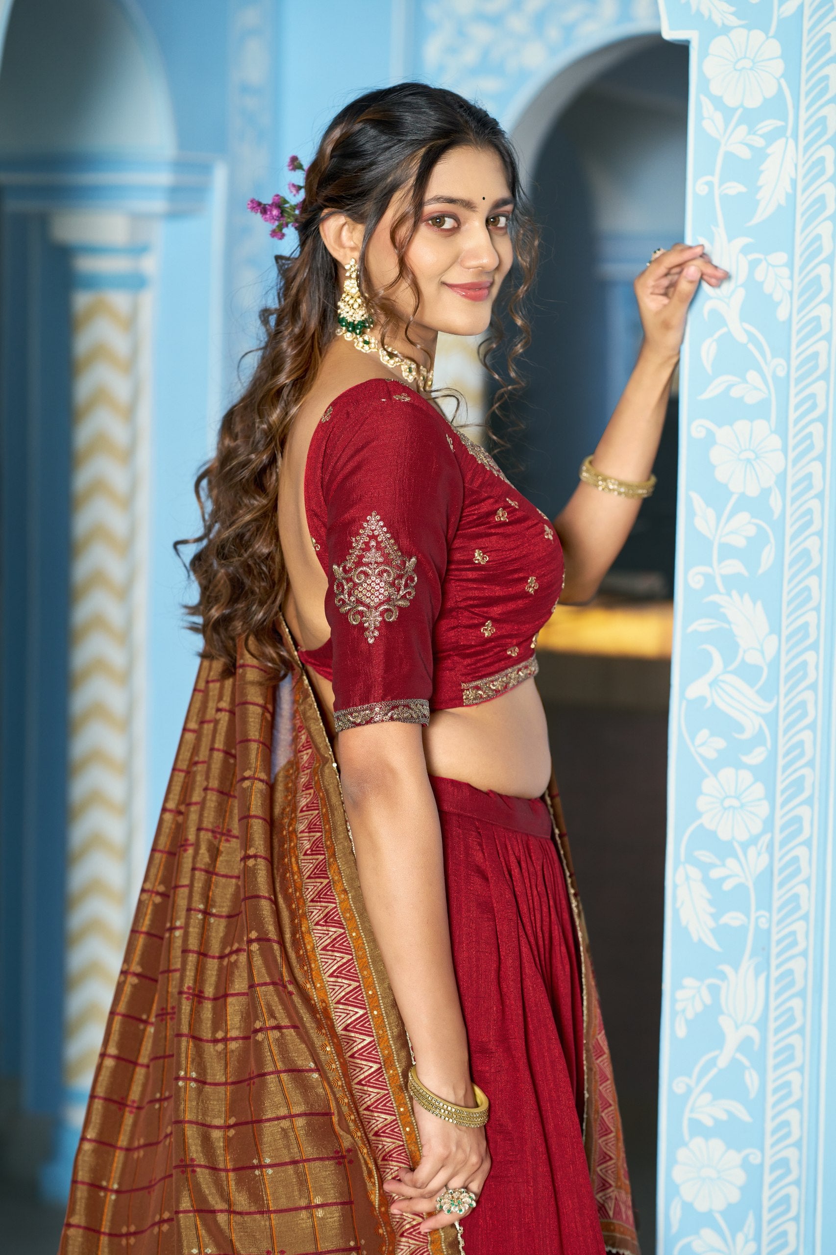 Designer Silk Lehenga Saree with Contrast Blouse – Festive Collection