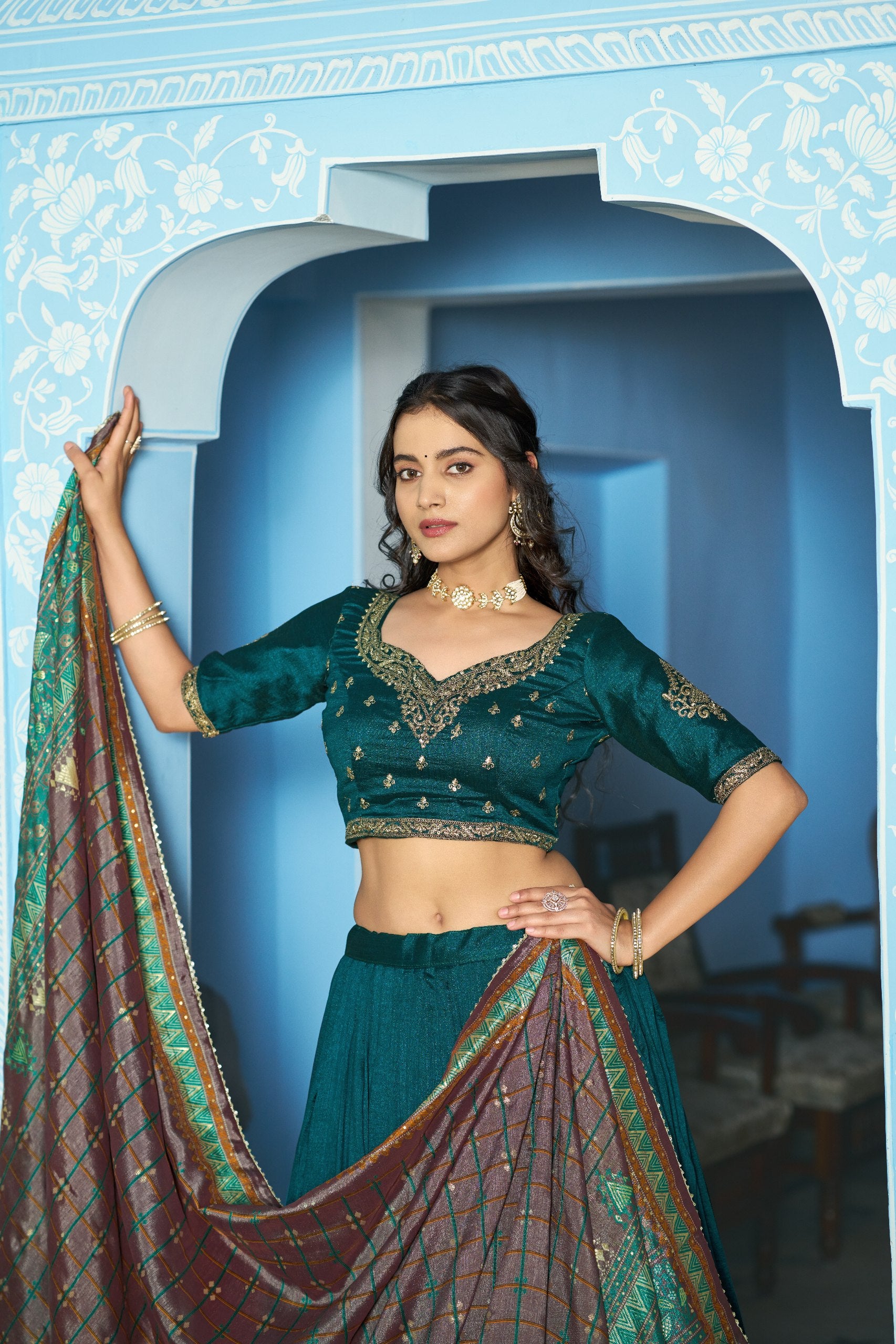 Designer Silk Lehenga Saree with Contrast Blouse – Festive Collection