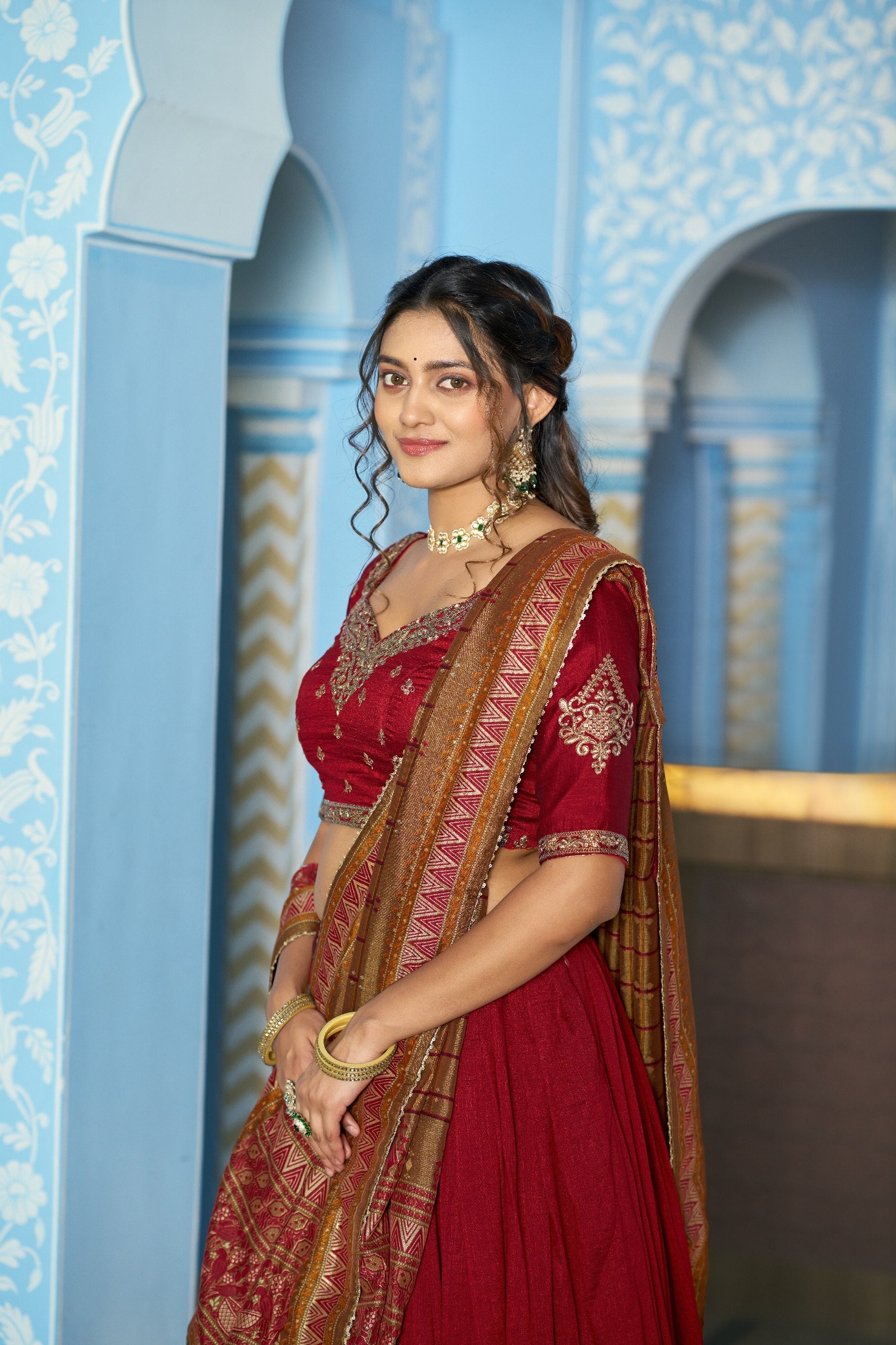 Designer Silk Lehenga Saree with Contrast Blouse – Festive Collection