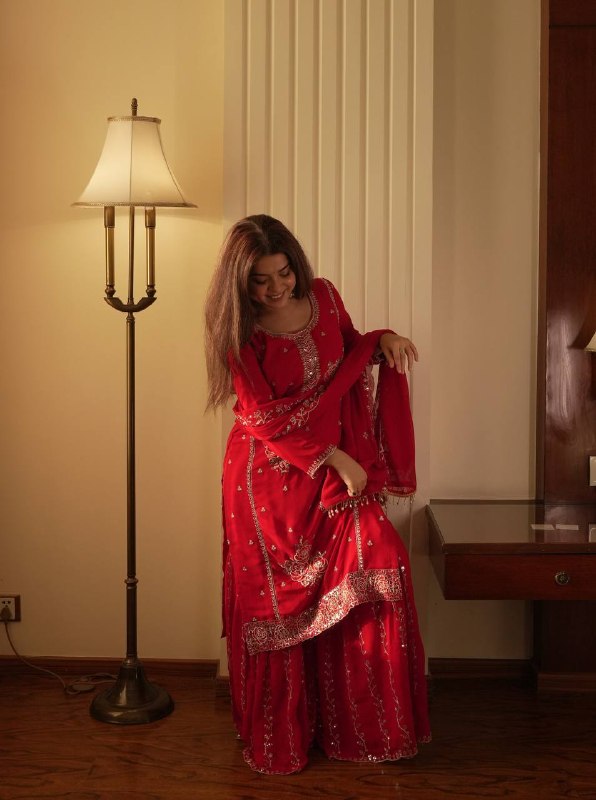 Elegant Red Embroidered Kurti Plazzo Set with Dupatta for Festive & Party Wear
