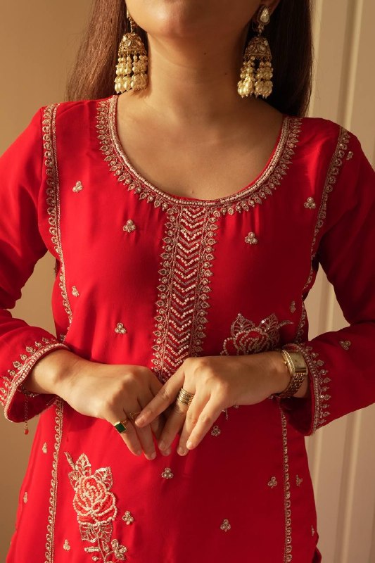 Elegant Red Embroidered Kurti Plazzo Set with Dupatta for Festive & Party Wear