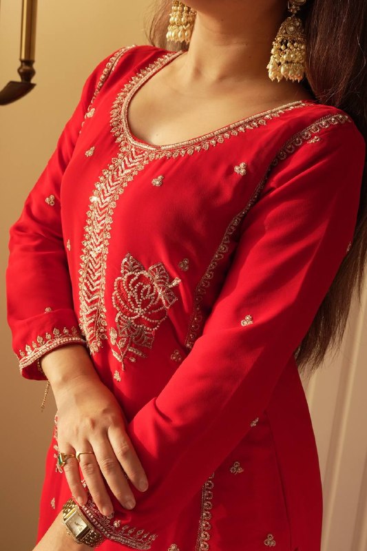 Elegant Red Embroidered Kurti Plazzo Set with Dupatta for Festive & Party Wear