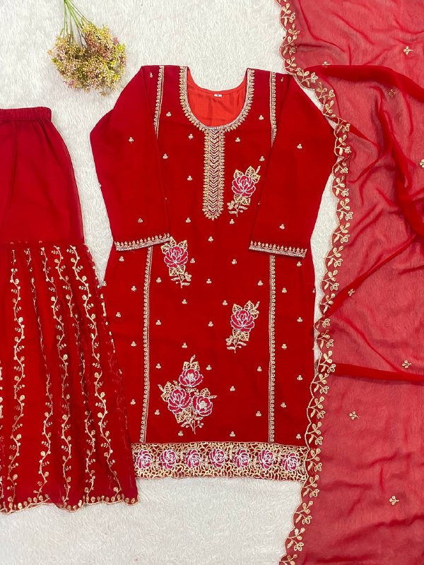 Elegant Red Embroidered Kurti Plazzo Set with Dupatta for Festive & Party Wear