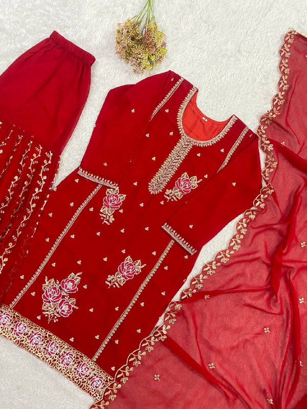 Elegant Red Embroidered Kurti Plazzo Set with Dupatta for Festive & Party Wear