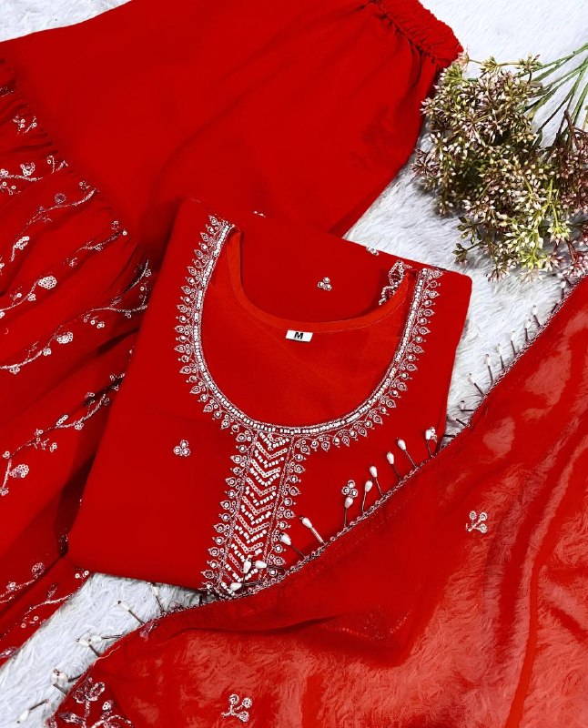 Elegant Red Embroidered Kurti Plazzo Set with Dupatta for Festive & Party Wear