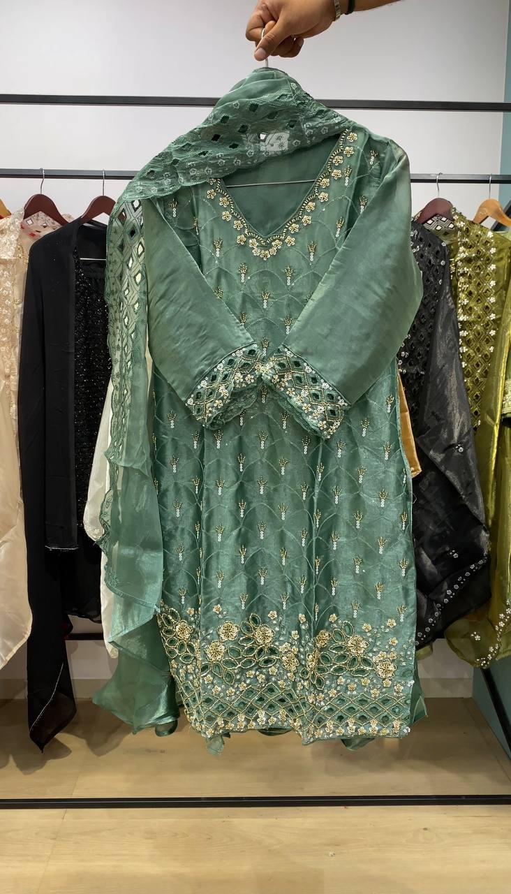Elegant Green Embroidered Sharara Suit with Organza Dupatta for Festive & Wedding Wear