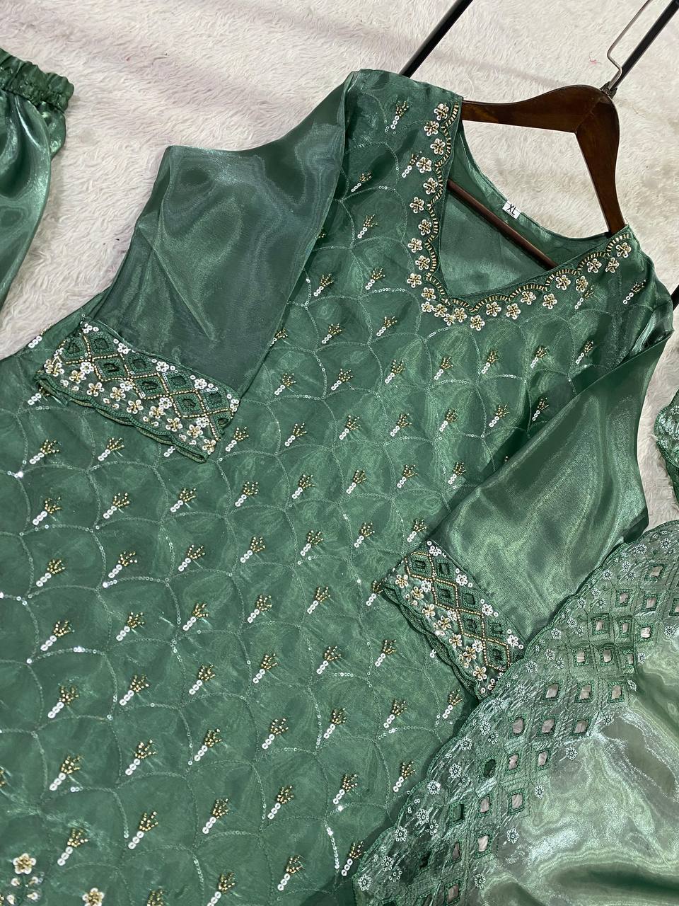 Elegant Green Embroidered Sharara Suit with Organza Dupatta for Festive & Wedding Wear