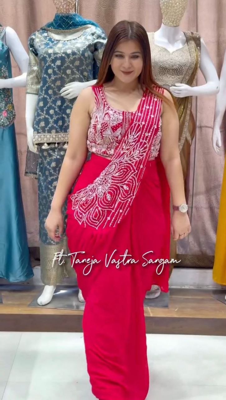 New Super Trending Embroidery Sequence work ready to wear saree with Embroidery Blouse