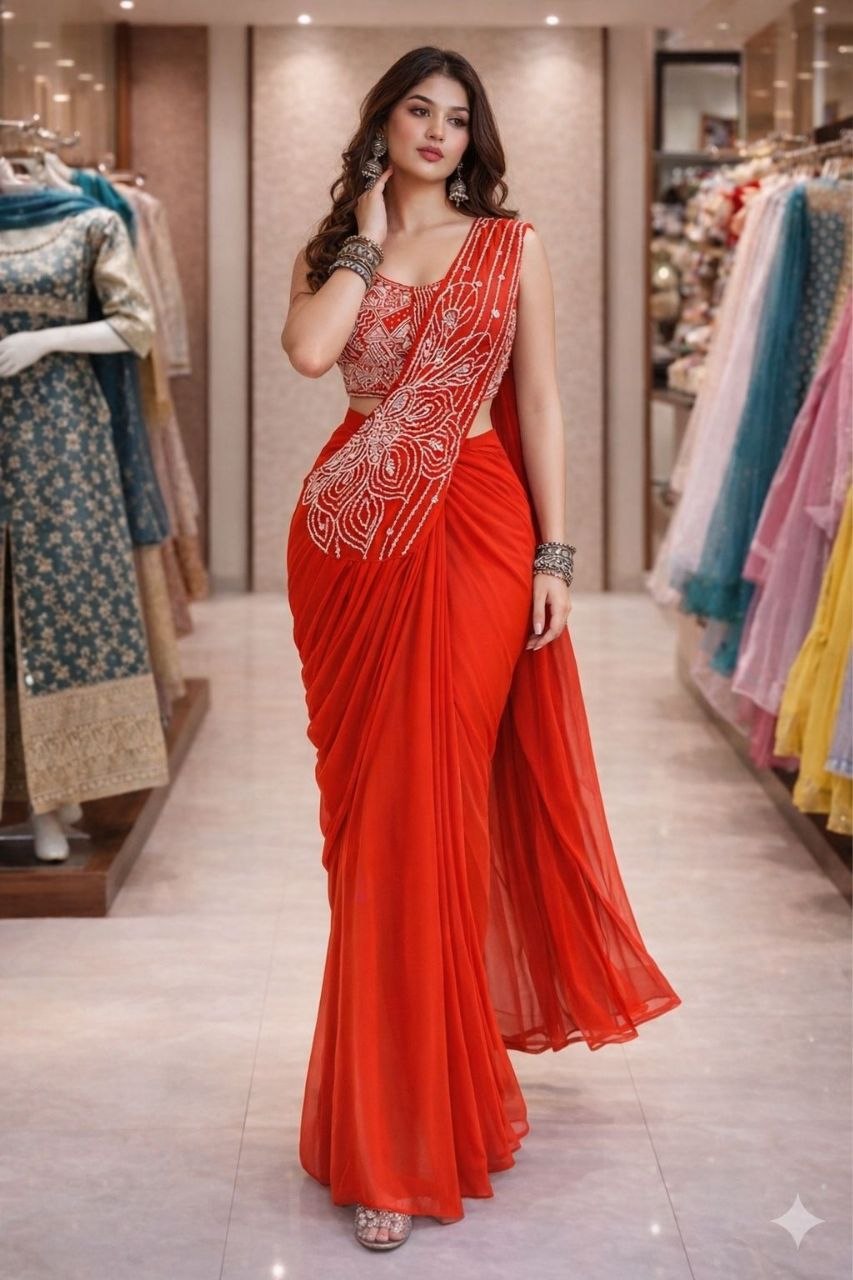 New Super Trending Embroidery Sequence work ready to wear saree with Embroidery Blouse