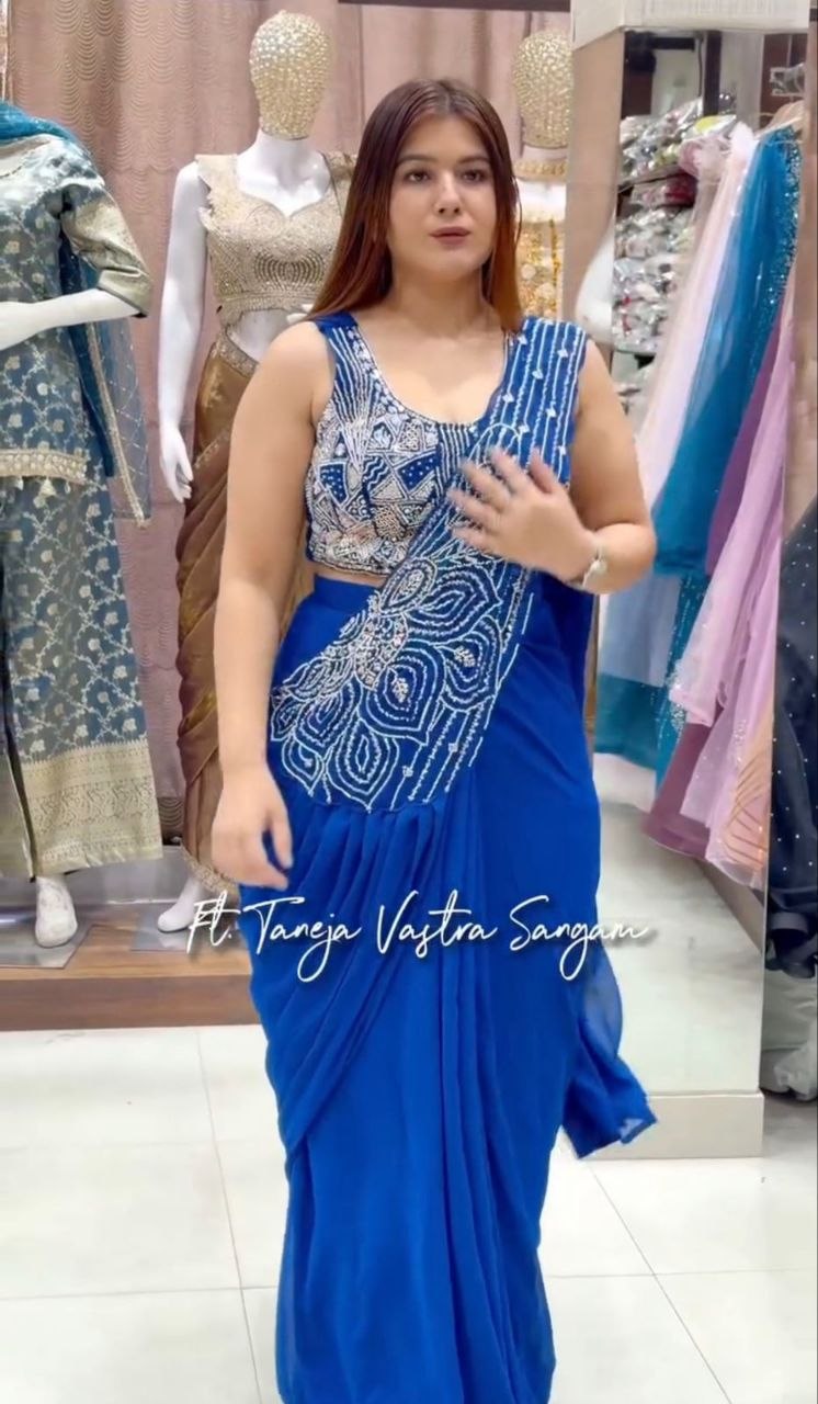 New Super Trending Embroidery Sequence work ready to wear saree with Embroidery Blouse