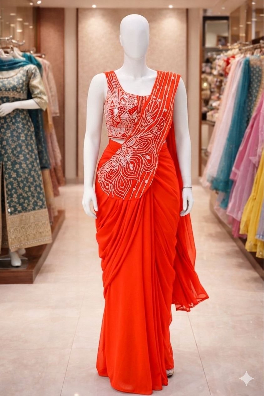 New Super Trending Embroidery Sequence work ready to wear saree with Embroidery Blouse