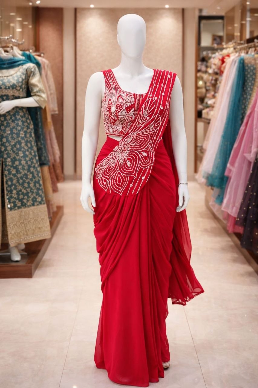 New Super Trending Embroidery Sequence work ready to wear saree with Embroidery Blouse