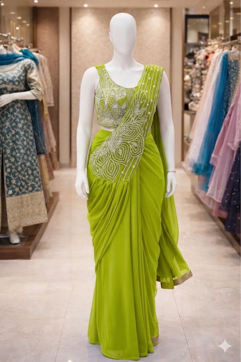 New Super Trending Embroidery Sequence work ready to wear saree with Embroidery Blouse