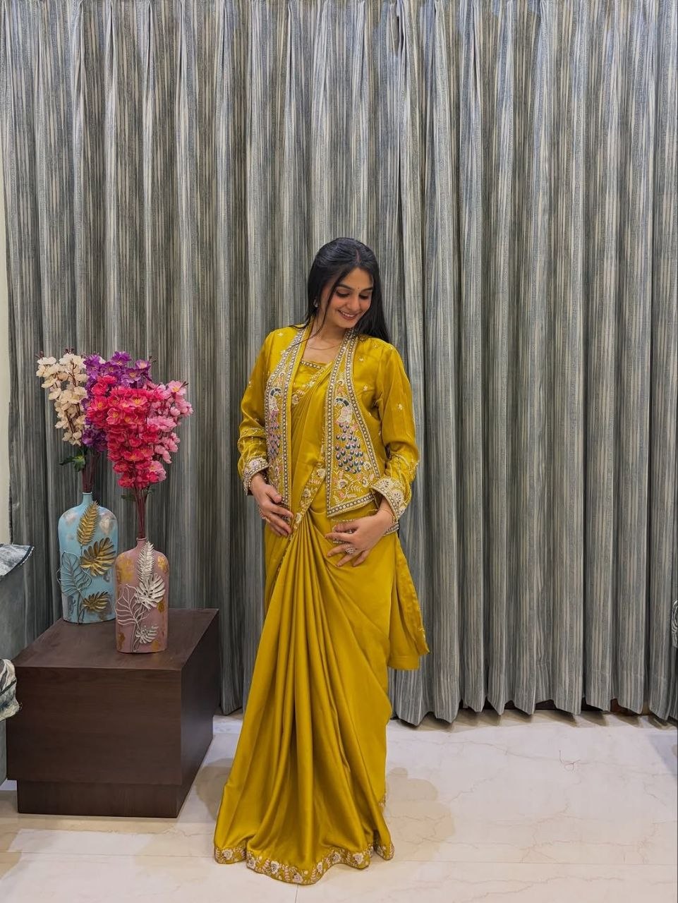 New Super Trending Party jacket with saree Reday to wear Embroidery work saree