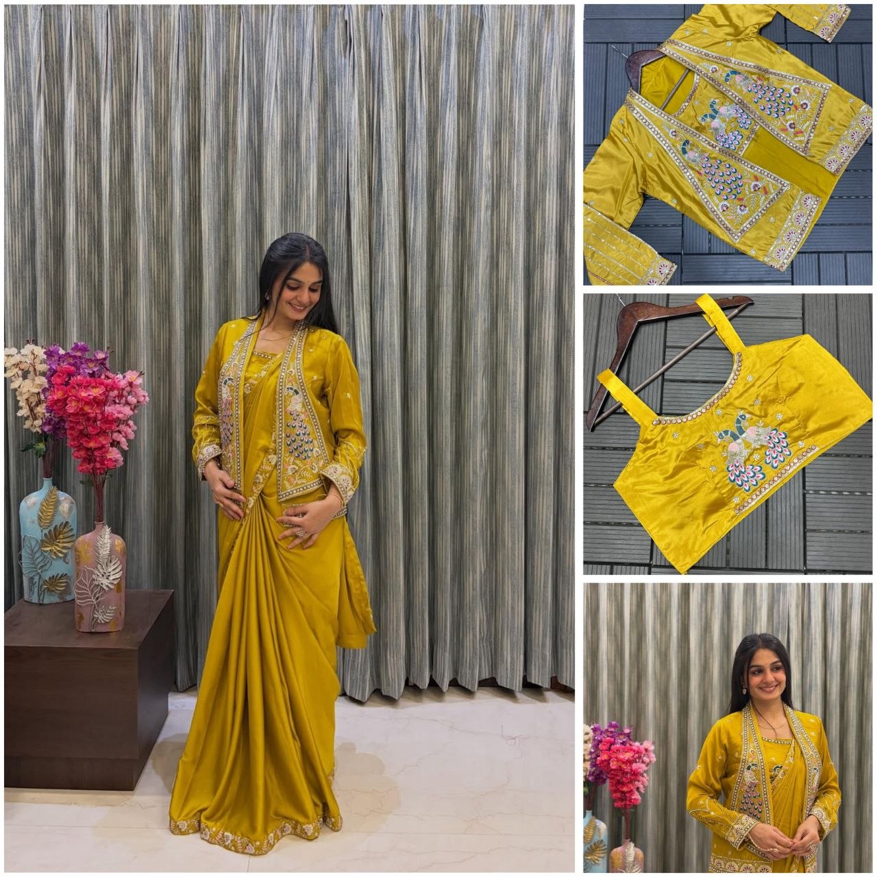 New Super Trending Party jacket with saree Reday to wear Embroidery work saree