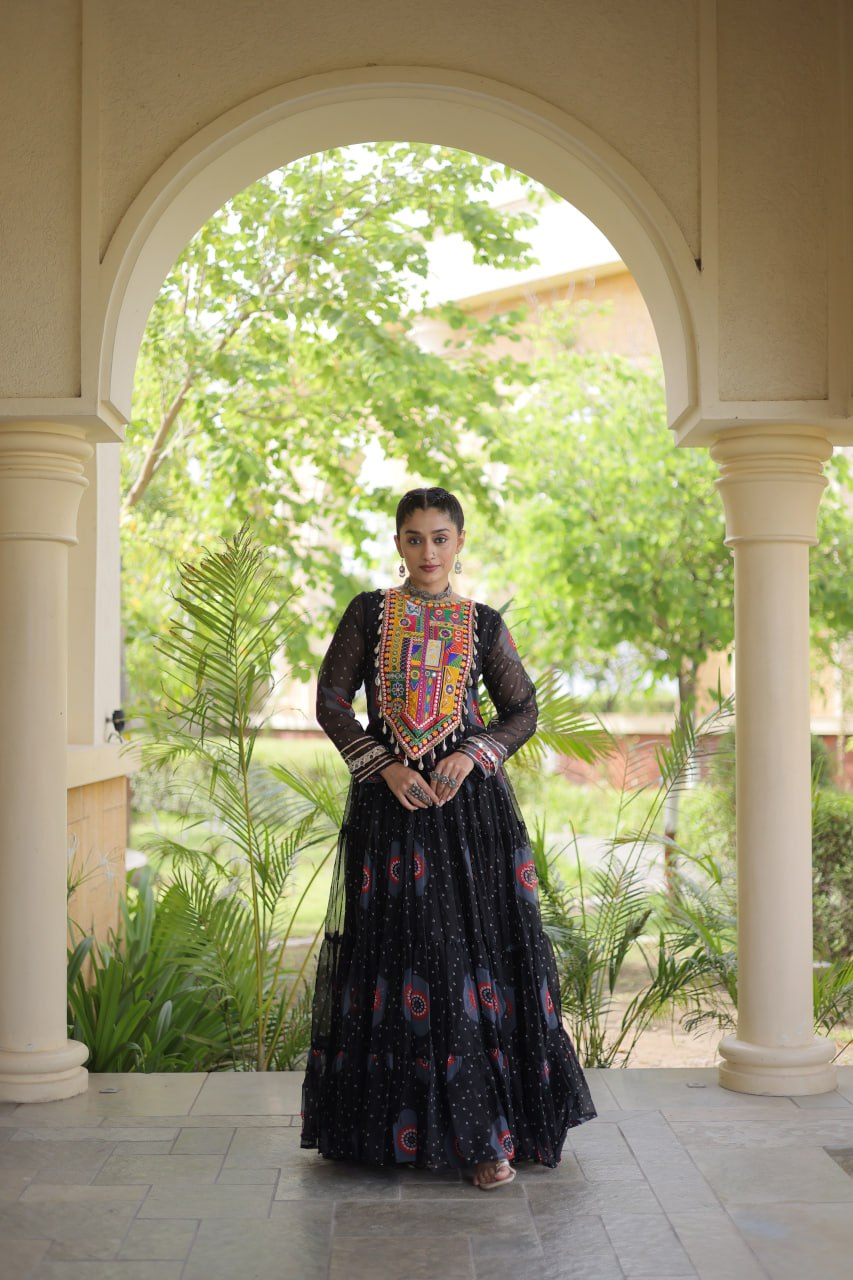 Women's Embroidered Georgette Anarkali Gown with Heavy Mirror Work – Party & Festive Wear
