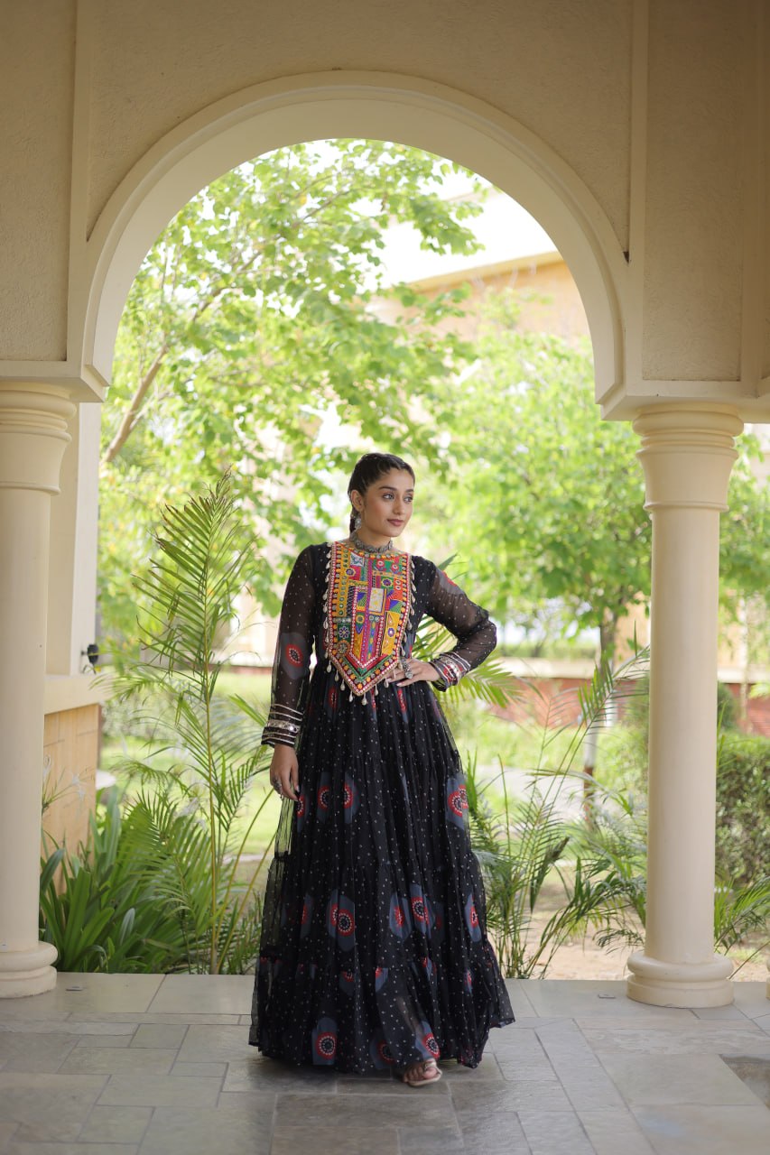 Women's Embroidered Georgette Anarkali Gown with Heavy Mirror Work – Party & Festive Wear