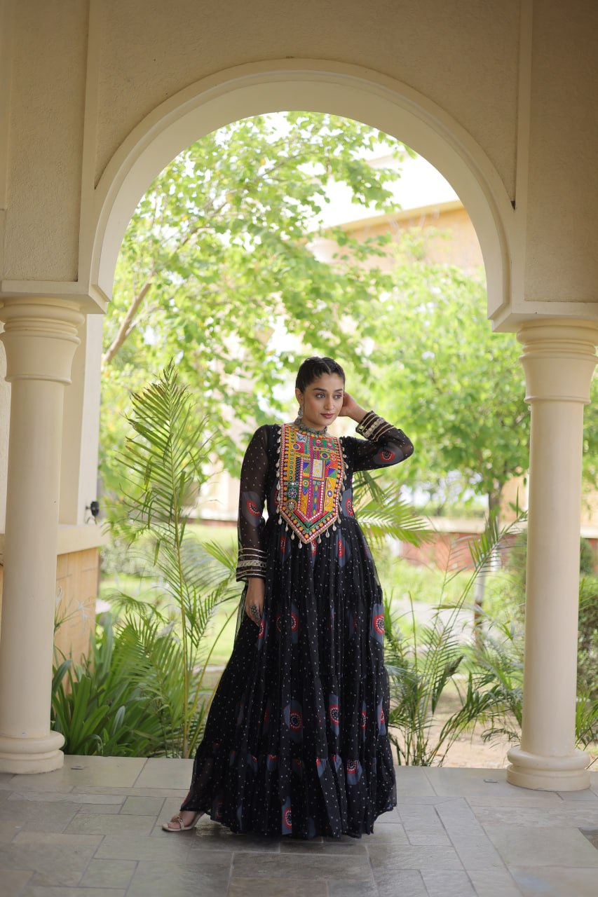 Women's Embroidered Georgette Anarkali Gown with Heavy Mirror Work – Party & Festive Wear