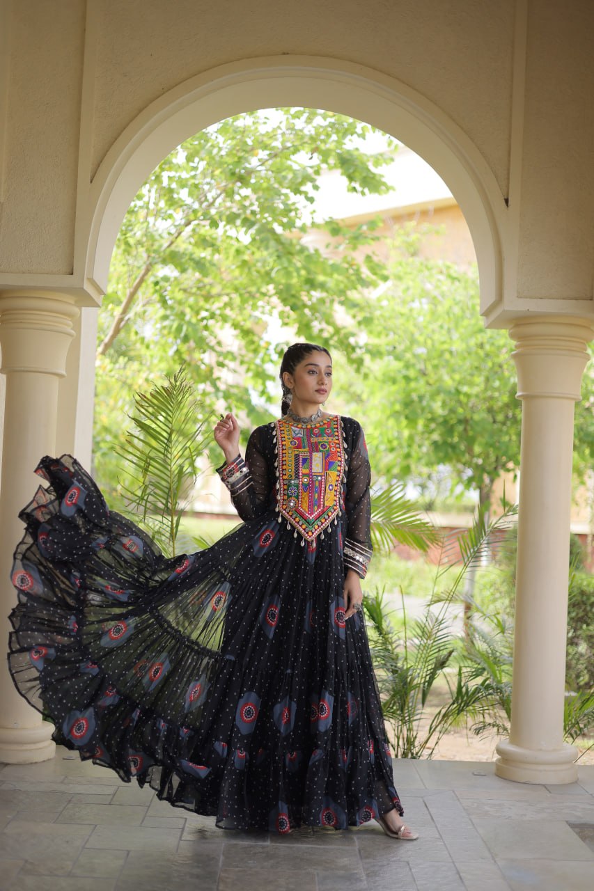 Women's Embroidered Georgette Anarkali Gown with Heavy Mirror Work – Party & Festive Wear
