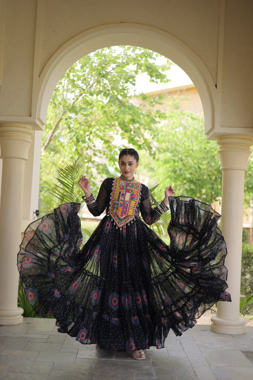 Women's Embroidered Georgette Anarkali Gown with Heavy Mirror Work – Party & Festive Wear