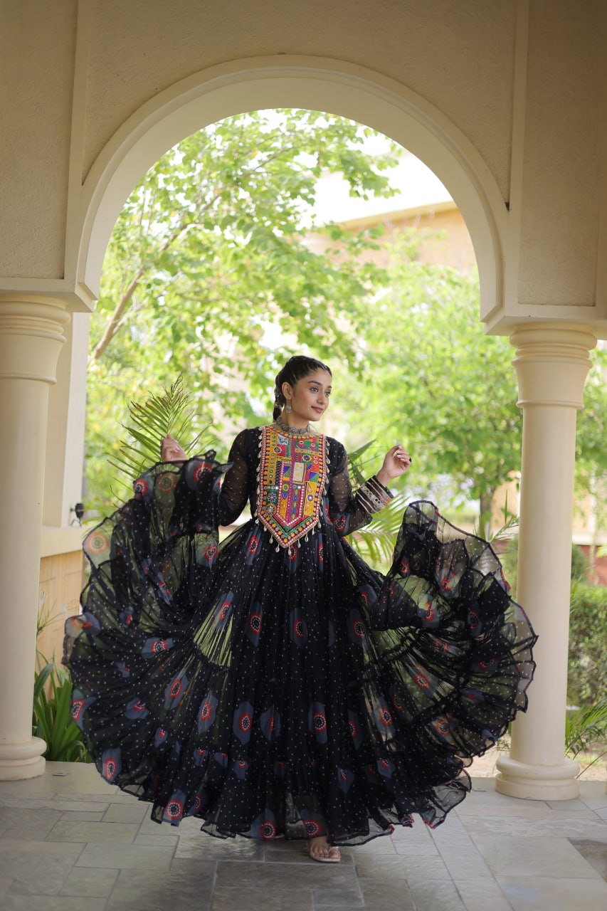 Women's Embroidered Georgette Anarkali Gown with Heavy Mirror Work – Party & Festive Wear
