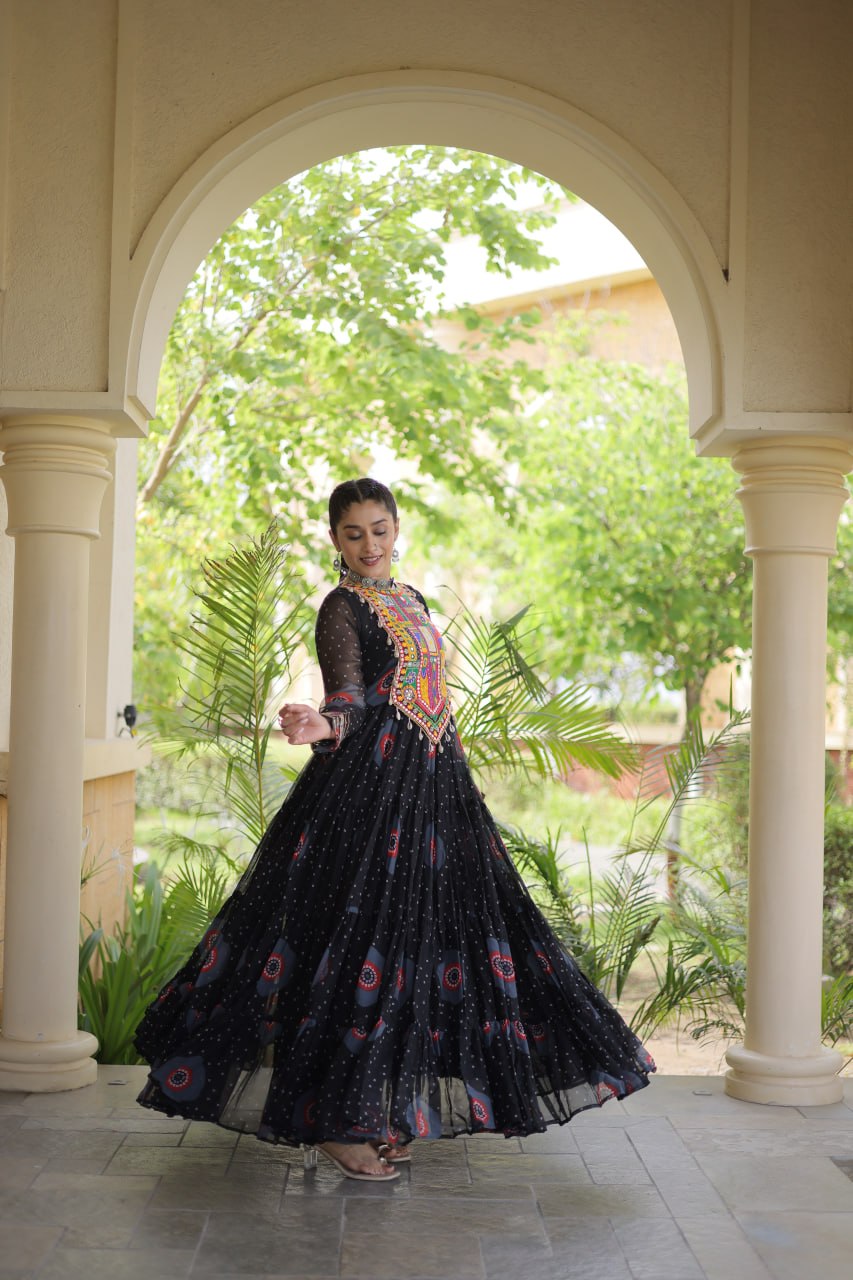 Women's Embroidered Georgette Anarkali Gown with Heavy Mirror Work – Party & Festive Wear