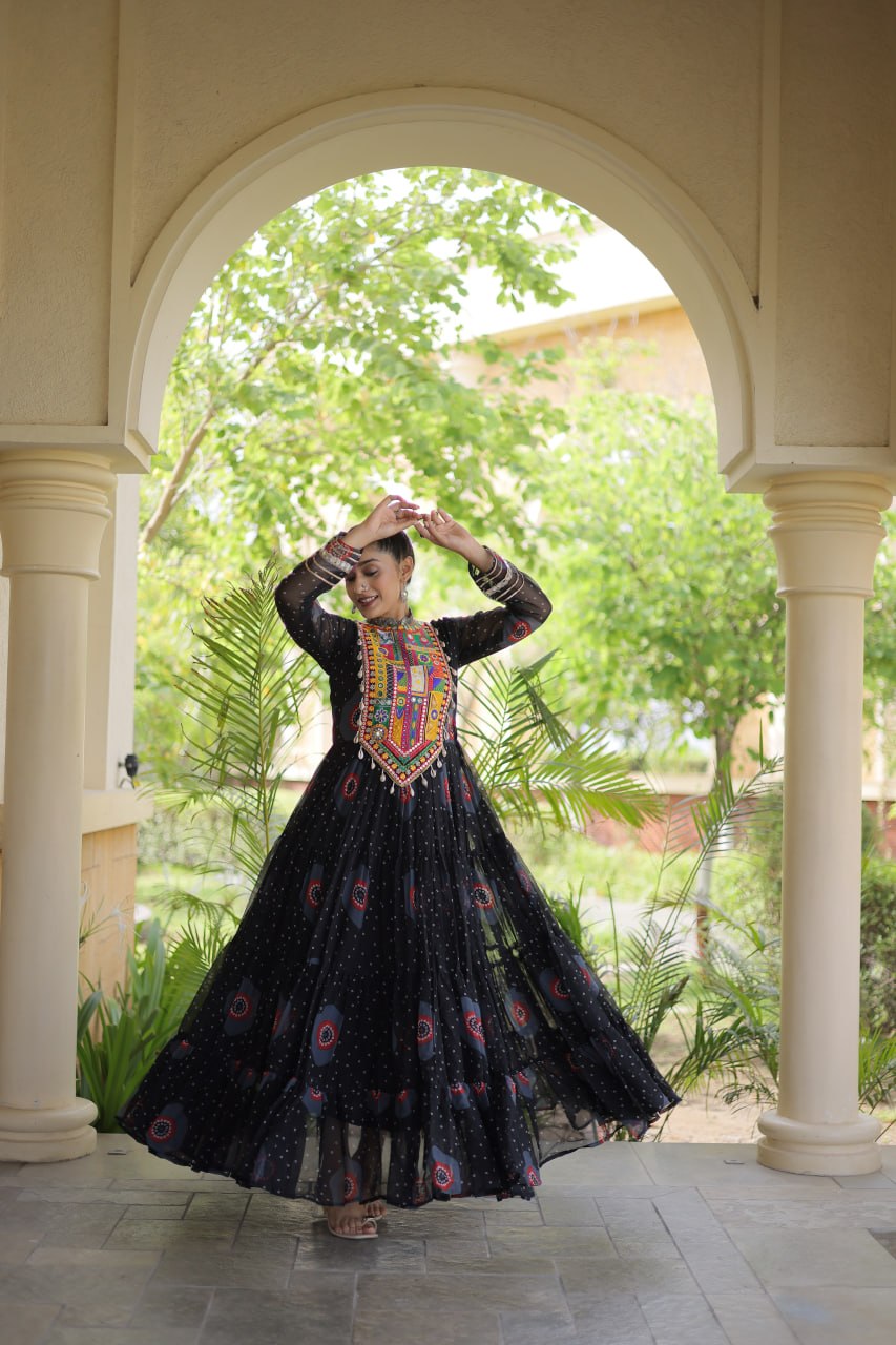 Women's Embroidered Georgette Anarkali Gown with Heavy Mirror Work – Party & Festive Wear
