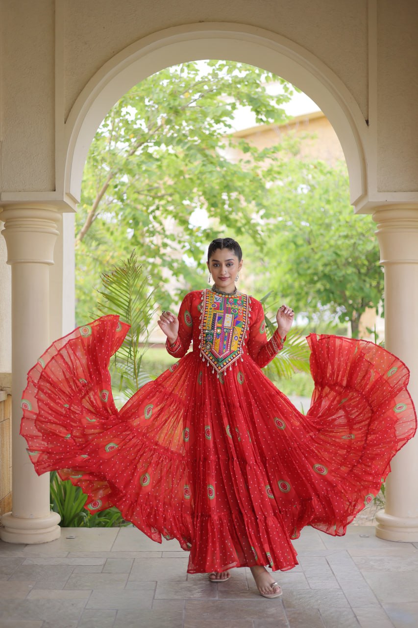 Women's Embroidered Georgette Anarkali Gown with Heavy Mirror Work – Party & Festive Wear