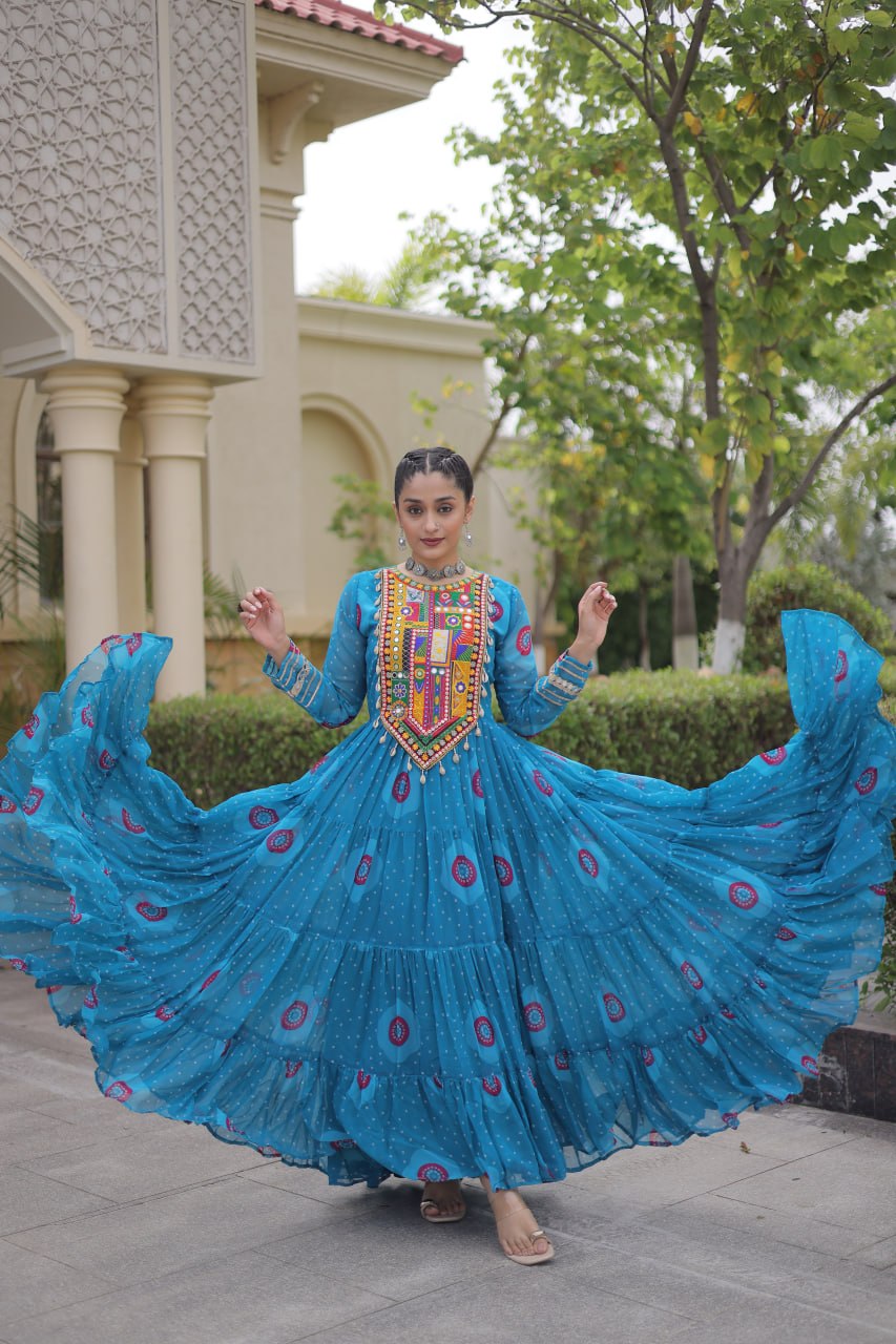 Women's Embroidered Georgette Anarkali Gown with Heavy Mirror Work – Party & Festive Wear