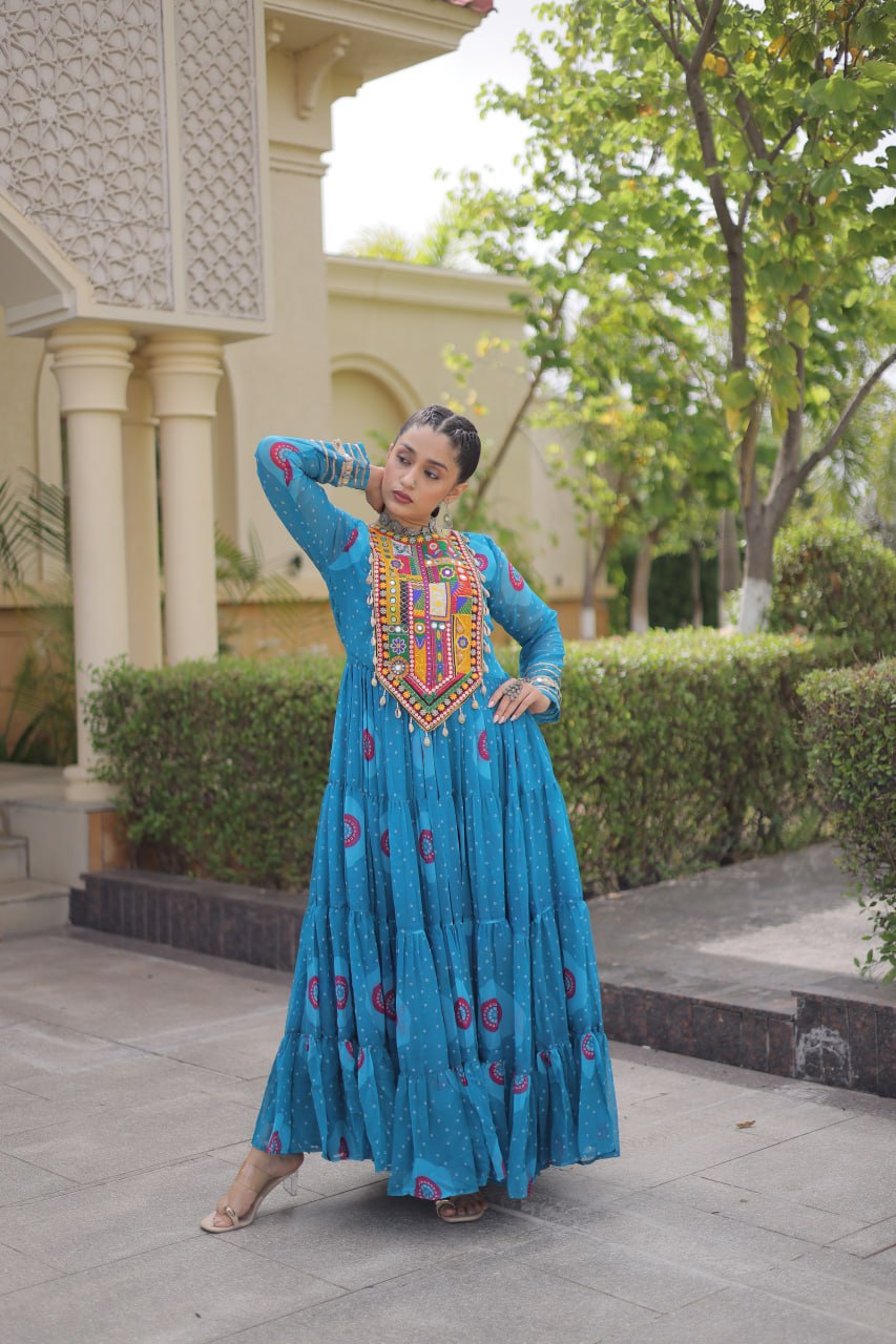 Women's Embroidered Georgette Anarkali Gown with Heavy Mirror Work – Party & Festive Wear