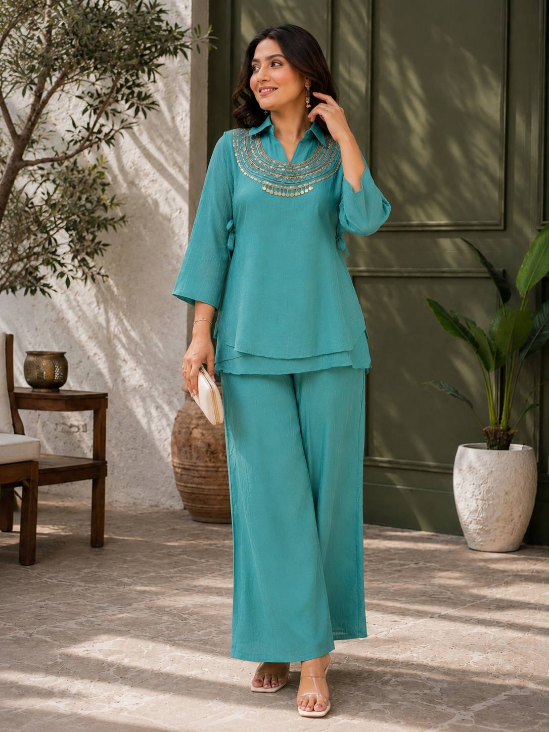 Women's Premium Embroidered Co-Ord Set with Wide Leg Palazzo | Designer Ethnic Party Wear Kurta Pant Set