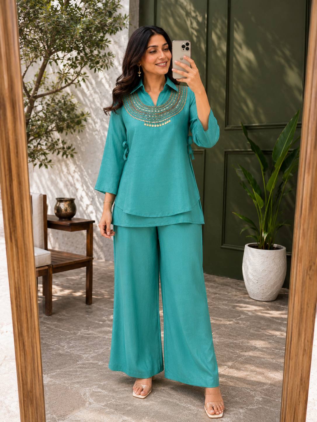 Women's Premium Embroidered Co-Ord Set with Wide Leg Palazzo | Designer Ethnic Party Wear Kurta Pant Set