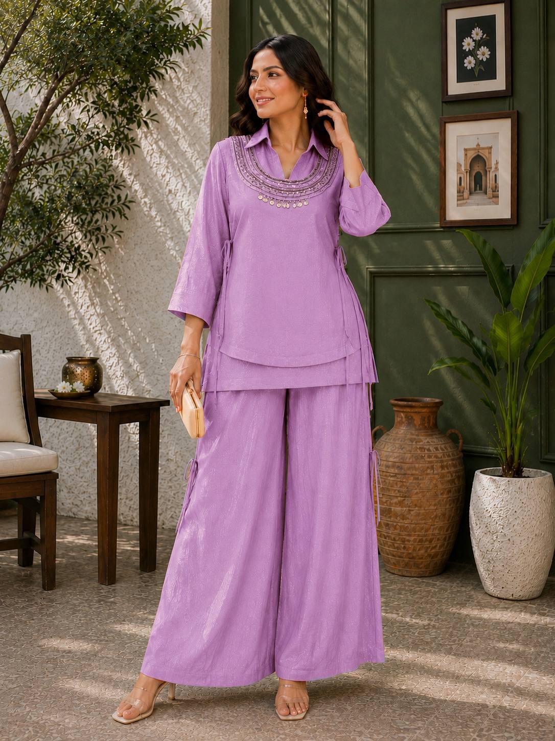 Women's Premium Embroidered Co-Ord Set with Wide Leg Palazzo | Designer Ethnic Party Wear Kurta Pant Set