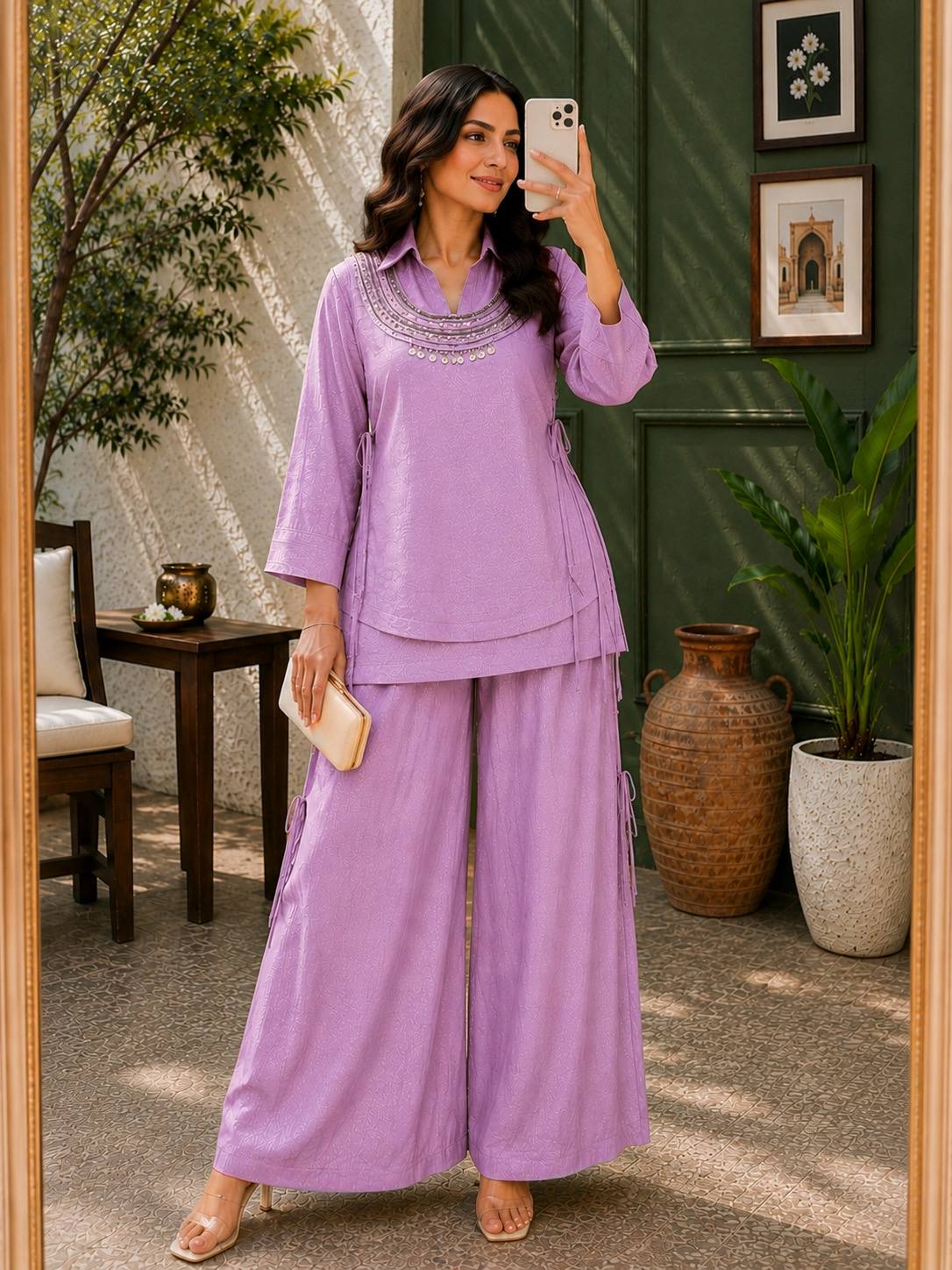 Women's Premium Embroidered Co-Ord Set with Wide Leg Palazzo | Designer Ethnic Party Wear Kurta Pant Set