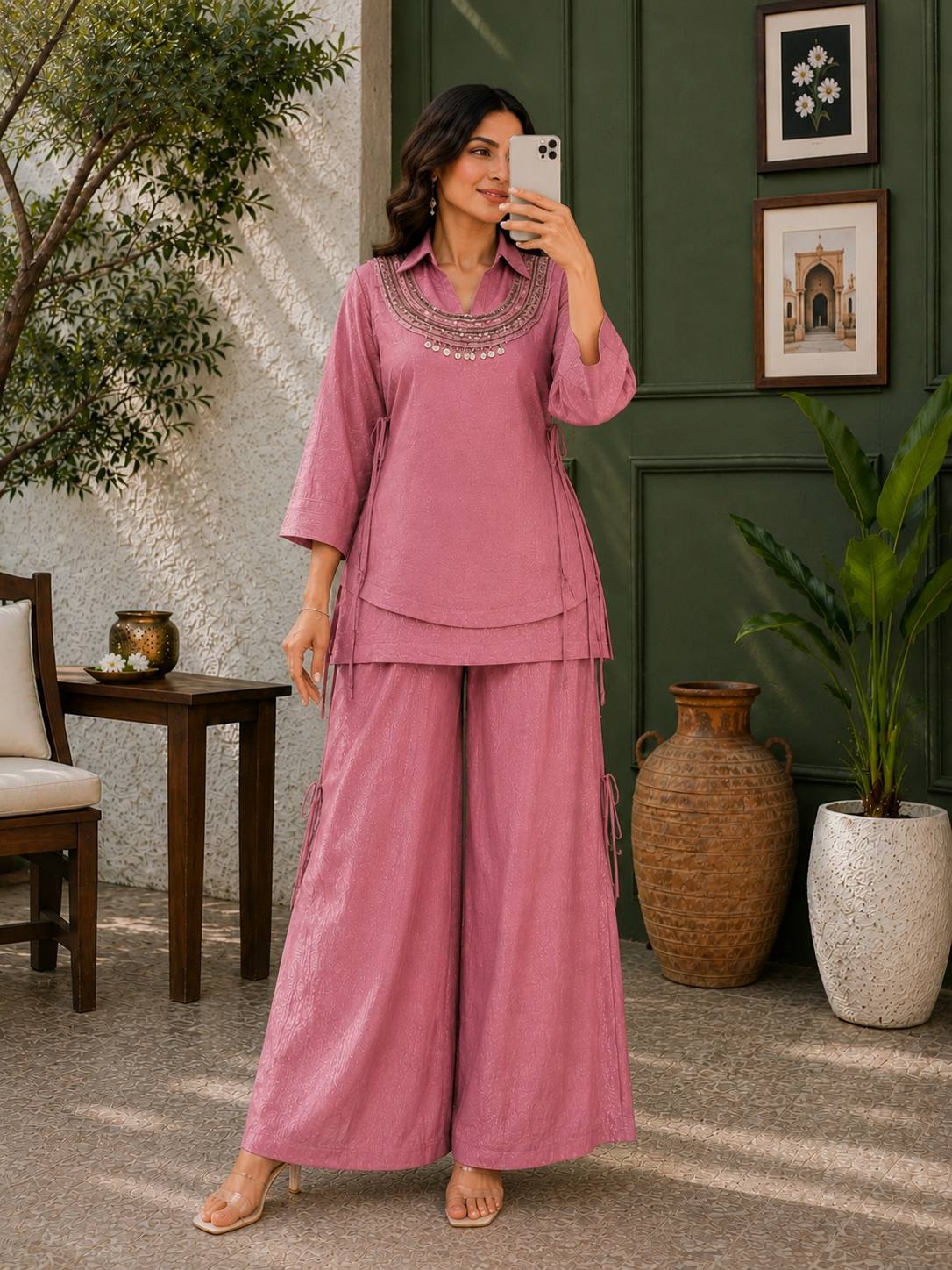 Women's Premium Embroidered Co-Ord Set with Wide Leg Palazzo | Designer Ethnic Party Wear Kurta Pant Set