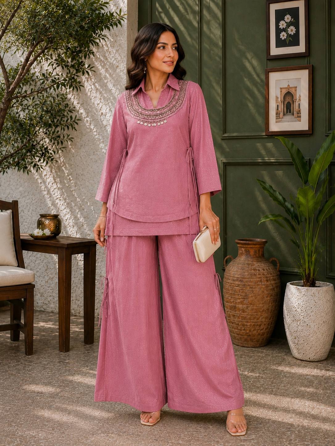 Women's Premium Embroidered Co-Ord Set with Wide Leg Palazzo | Designer Ethnic Party Wear Kurta Pant Set