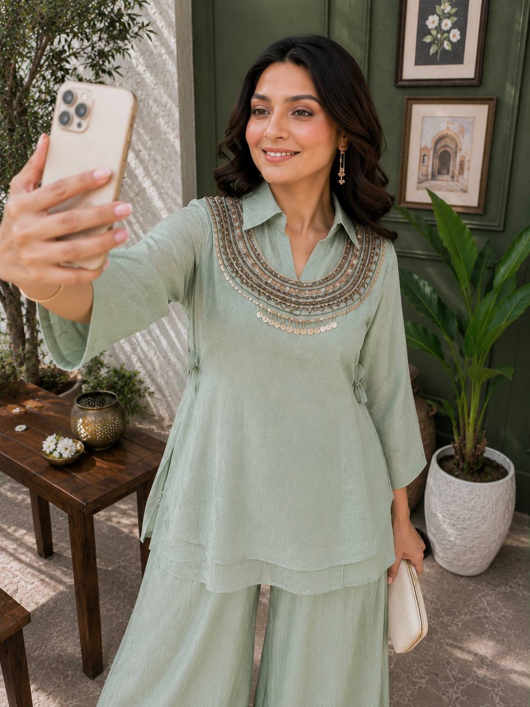 Women's Premium Embroidered Co-Ord Set with Wide Leg Palazzo | Designer Ethnic Party Wear Kurta Pant Set
