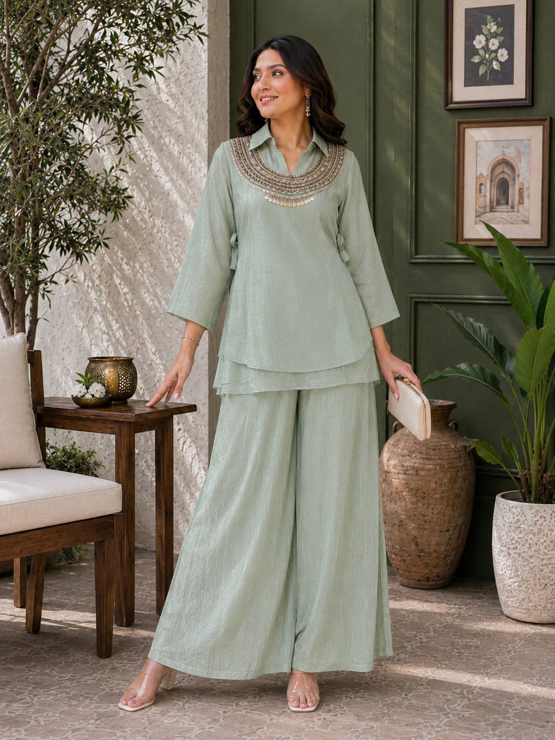 Women's Premium Embroidered Co-Ord Set with Wide Leg Palazzo | Designer Ethnic Party Wear Kurta Pant Set