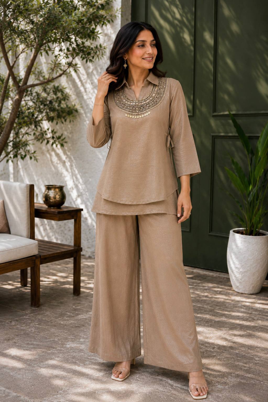 Women's Premium Embroidered Co-Ord Set with Wide Leg Palazzo | Designer Ethnic Party Wear Kurta Pant Set