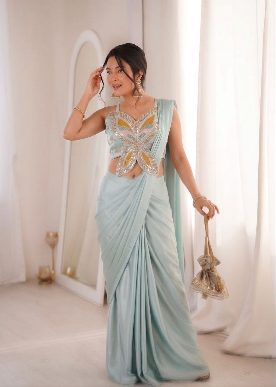 New Super Trending Embroidery Sequence work ready to wear saree with Embroidery Blouse