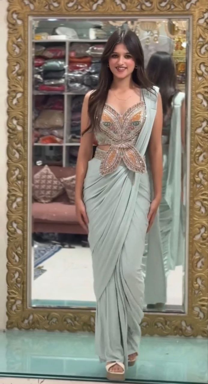 New Super Trending Embroidery Sequence work ready to wear saree with Embroidery Blouse